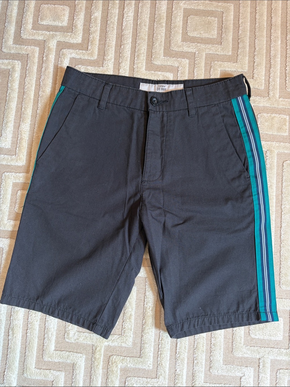 Topman Black Flat Front Shorts with Blue & Teal Side Stripes